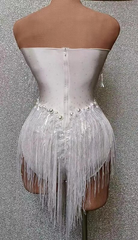 Świecący z białymi perłami frędzle trykot seksowny body z frędzlami Jazz kostium taneczny jednoczęściowy strój sceniczny tancerki na występ pokaż Shuye
