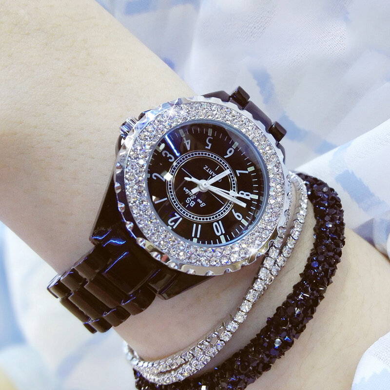 reloj para mujer Reloj de lujo con diamantes de cristal para mujer, pulsera de cerámica, elegante, 2023