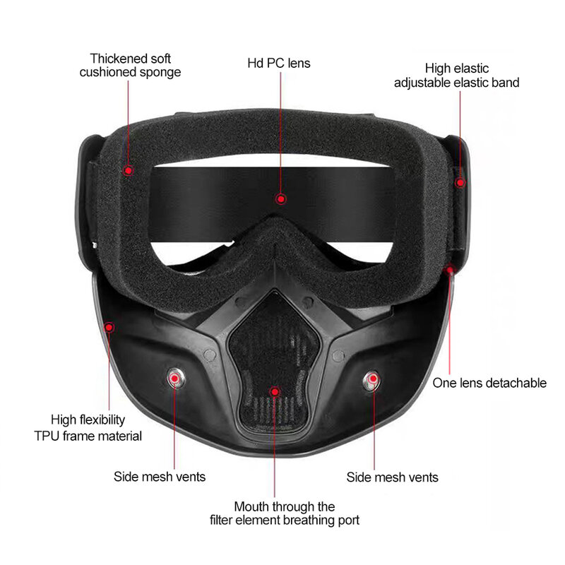 탈착식 사이클링 고글 마스크, UV 차단 방풍 김서림 방지 보호, 탈착식 조정 가능한 전술 안경 보호 마스크