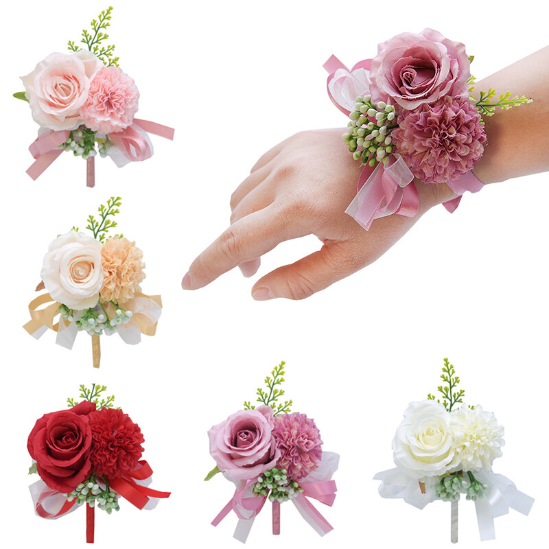 1 buah korsase mawar pengantin pria korsase bunga pergelangan tangan pengiring pengantin bunga sutra perhiasan pernikahan hadiah cantik