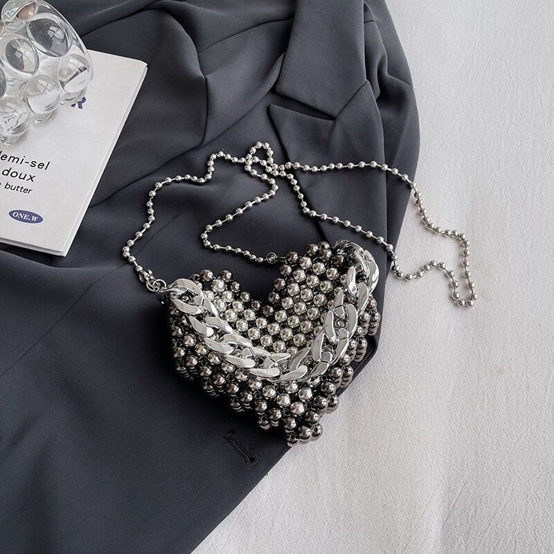 Mini bolsos cruzados con forma de corazón para mujer, bolso de noche de perlas de lujo, bolsa de lápiz labial, monedero de cadena gruesa