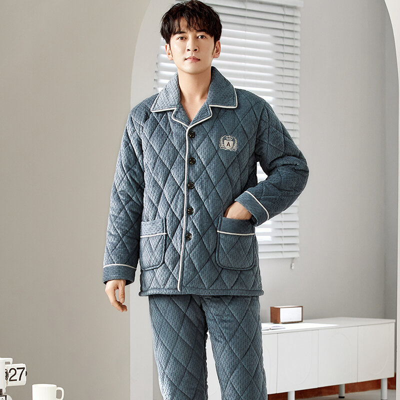 Coral velvet quilted pyjamas men three layers thick warm winter quilted jacket men's pajamas letter pijamas de hombre inverno
