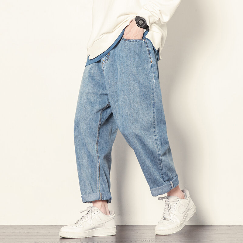 Główna ulica męski Hip Hop proste luźny dżins spodnie męskie dżinsy z szeroką nogawką klasyczne elastyczne modne spodnie męskie młode dżinsy