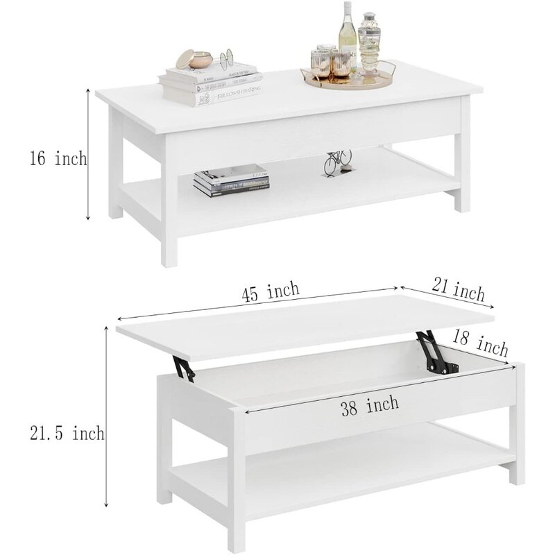 Panana-table basse relevable, table basse avec compartiment GNE et étagère ouverte, table basse escamotable
