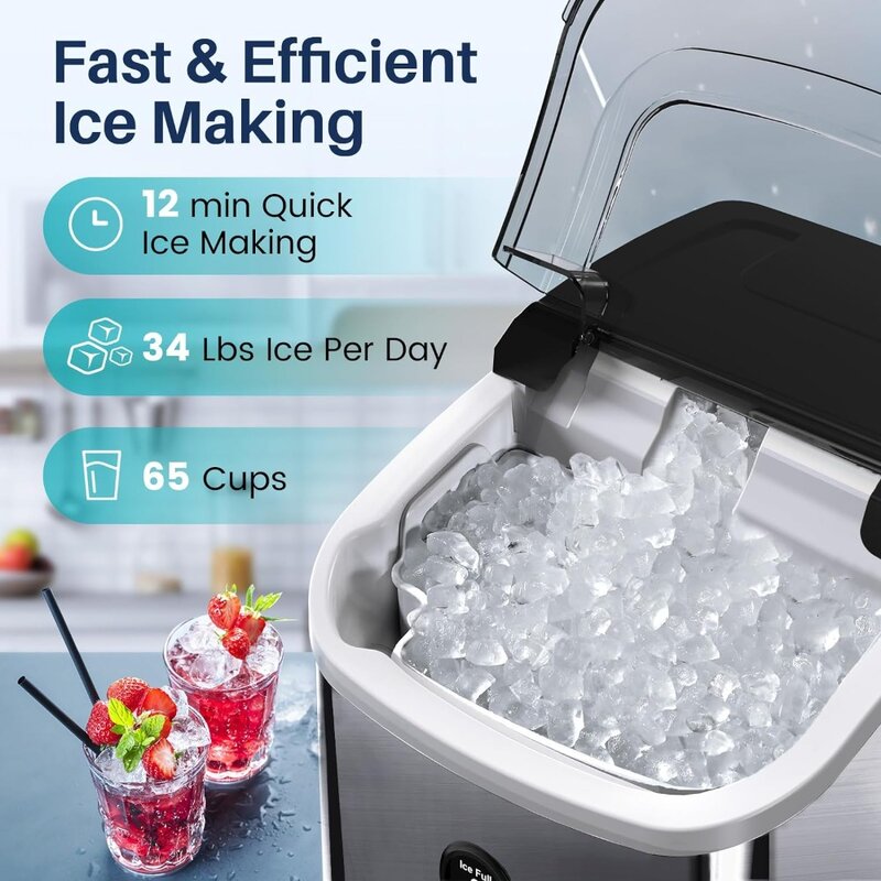 Máquina de gelo do aço inoxidável com máquina de gelo mastigável macia, auto-limpeza, operação de um clique, bancada, 34lbs/24H