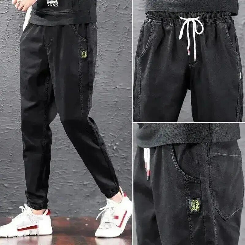 2024 New Retro Brand Summer Thin Men's Ice Silk Fabric Elastic Waist Pockets Drawstring Casual Bound Feet  Ankle Length Pants