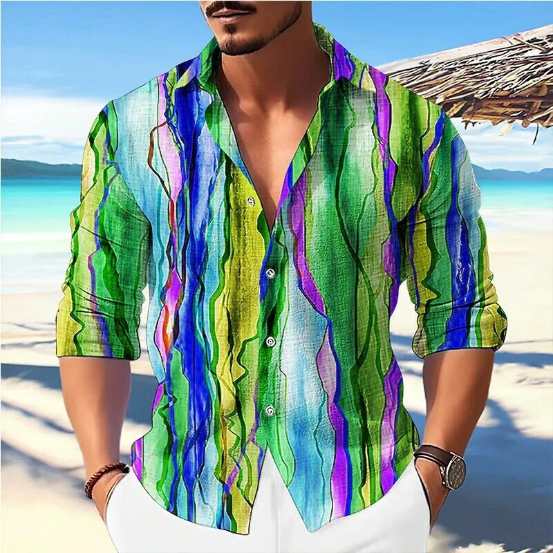 2024 men's colorful striped 3D party shirt made of high-quality material, gold thread lapel, blue purple green red outdoor stree
