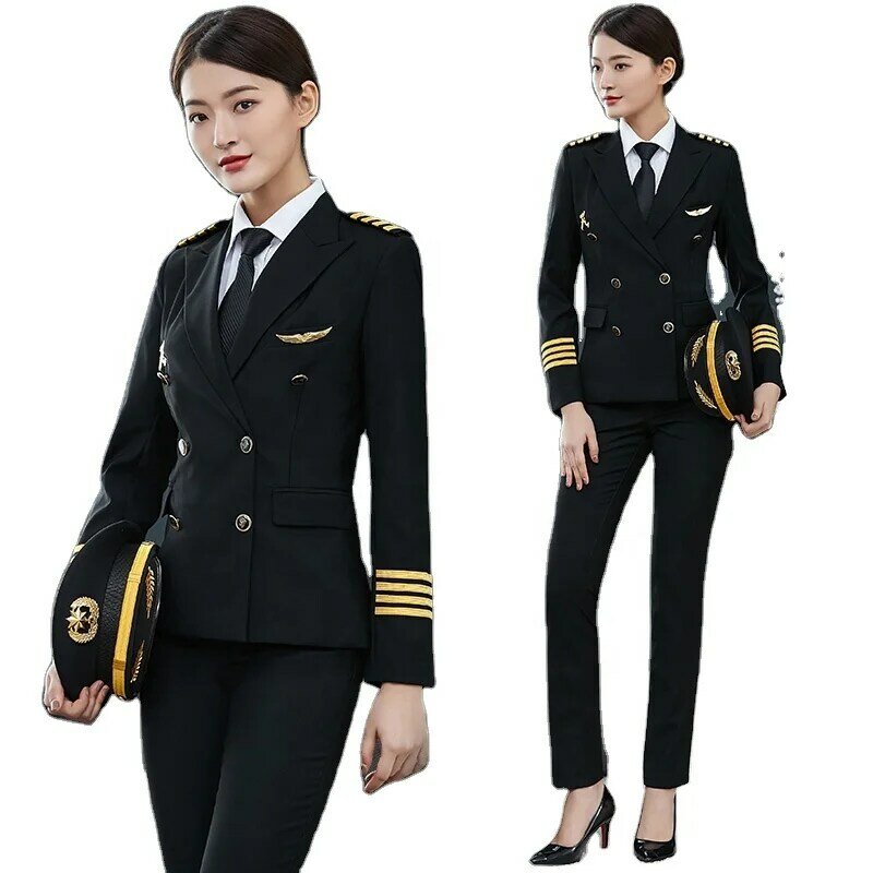 Uniforme de azafata de avión para mujer, traje de piloto, Color negro marino