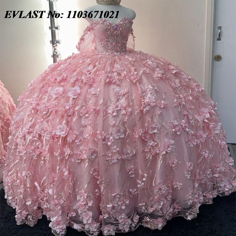EVLAST Mexican Pink Quinceanera Dress Ball Gown 3D Floral Applique Beading With Bow Corset Sweet 16 Vestidos De XV 15 Anos SQ18