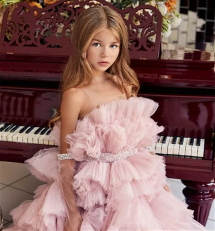 Vestido de flor rosa para menina, Applique Tule, frisado até o chão inchado, primeira comunhão, festa de aniversário, casamento, criança