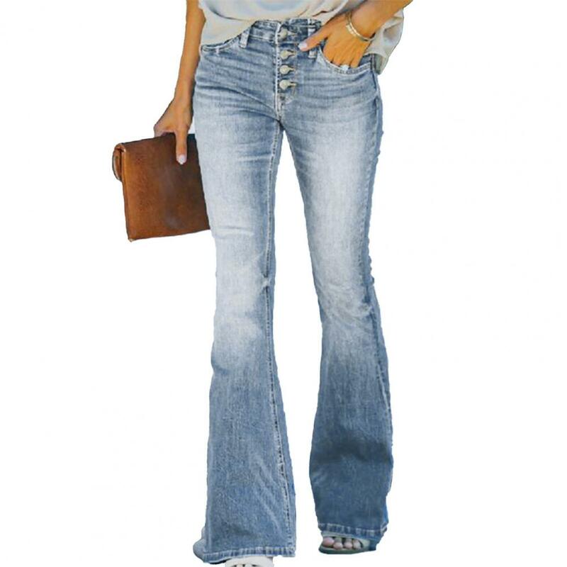 กางเกงยีนส์ขาบานเอวสูงของผู้หญิงที่ celana JEANS DENIM กับสีไล่ระดับสีที่เข้ากันกับกระเป๋าความยาวเต็มรูปแบบพอดีกับกระดุมสำหรับ