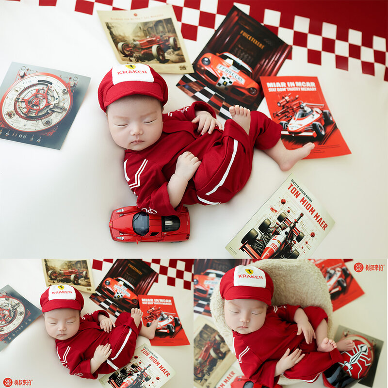 Conjunto de fotografía para recién nacido, traje de carreras de algodón suave, casco de coche deportivo, utilería para sesión de fotos