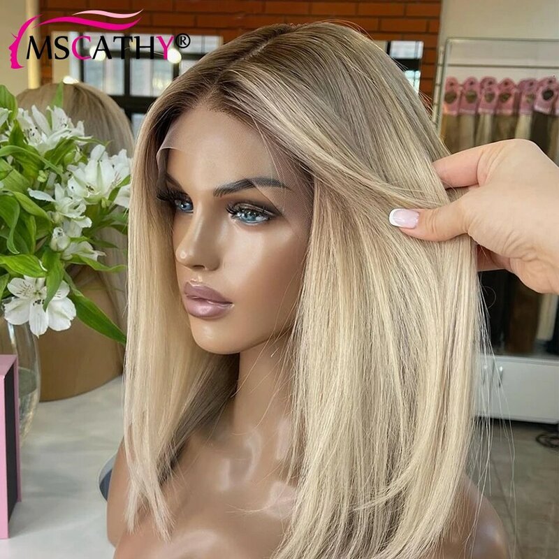 Ash Blonde Ombre Human Hair Wigs For Women Short Straight Bob Lace Frontal Wig With Brown Roots 13x4 HD Transparent Lace Wig