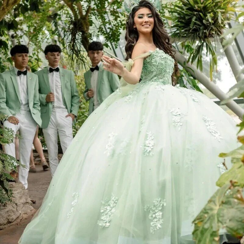 Мятно-зеленые платья принцессы, бальное платье с открытыми плечами и аппликацией, милые платья 16, 15 лет, мексиканские