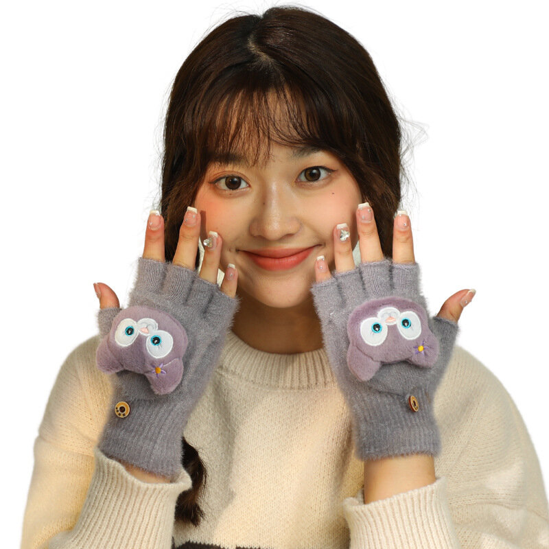 Nowe damskie ciepłe rękawiczki damskie modne dziewczęce z kreskówki pluszowe dziane rękawiczki miękki pluszowy krótkie rękawiczki zimowe bez palców