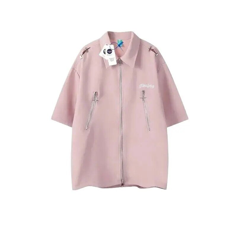 핑크 크로스 스타 더블 헤드 지퍼 디자인, 미국 반팔 셔츠 재킷, 니치 감각, 2024 여름 탑 트렌드