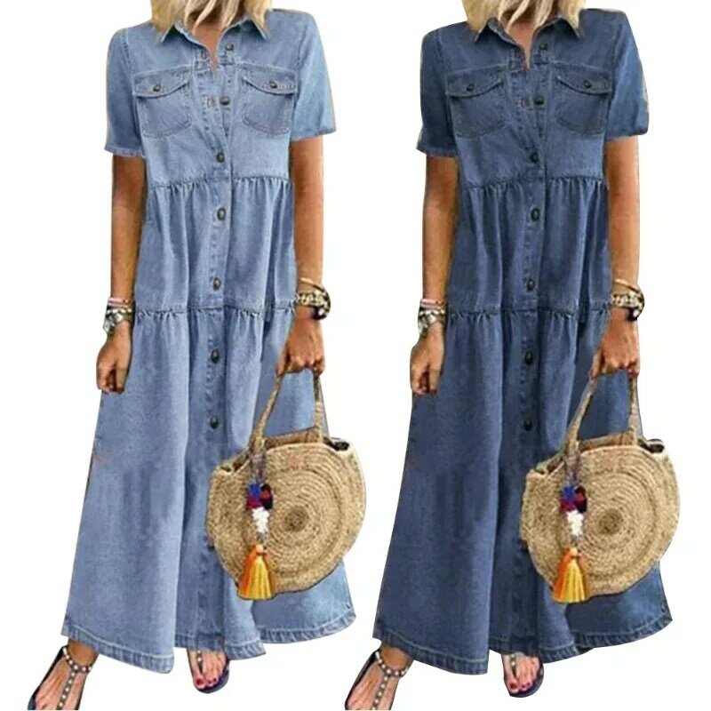 Women Summer Short Sleeve Turn Down Collar Denim Dress Plus Size XL Retro Long Loose Pockets Button Vintage Denim Dresses Casual