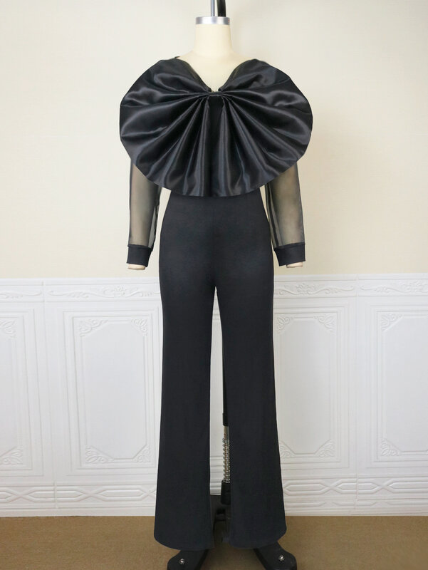 Женский комбинезон с бантом, черный комбинезон с длинным рукавом, прямые брюки в стиле ампир, модель 4XL