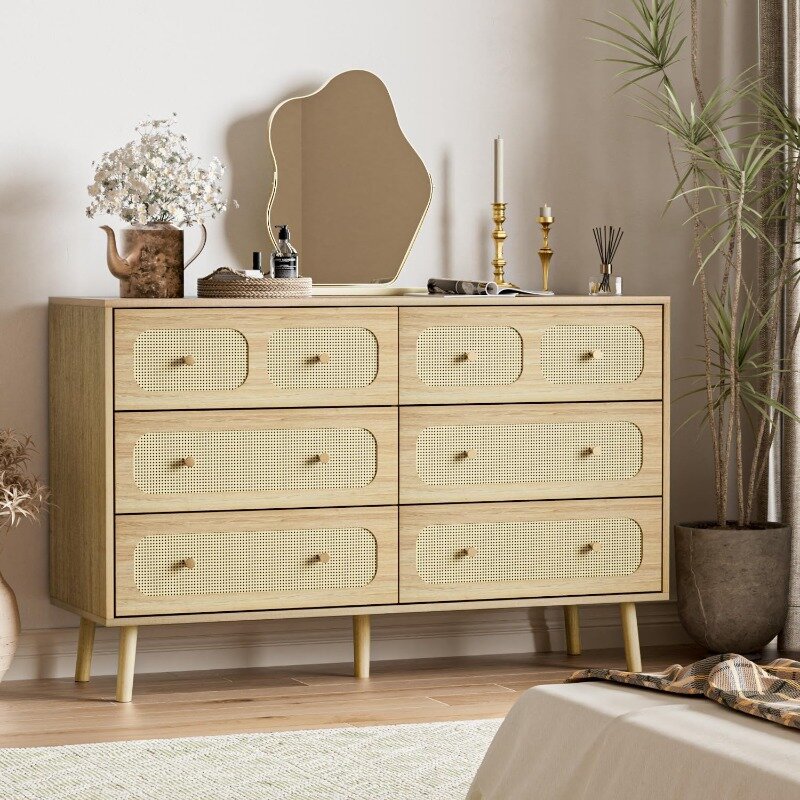 6 Drawer Double Dresser for Bedroom, Rattan Dresser with Gold Handles, Boho Chest of Drawers with Deep Drawers