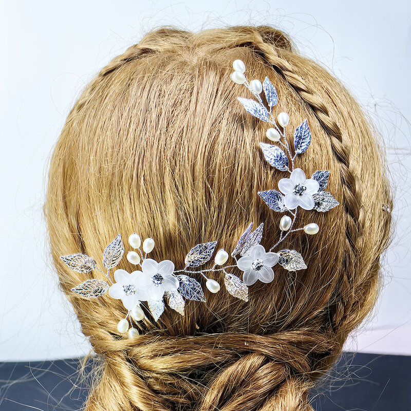 Diadema de boda de hoja de perla nupcial, tocado de boda de flores, adorno de pelo nupcial de cristal para damas y niñas