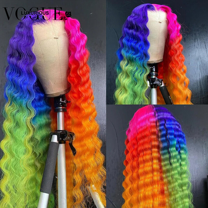 Parrucca frontale per capelli umani Glueless con onda profonda allentata color arcobaleno 13 x4 HD parrucche trasparenti in pizzo Pre pizzicate Remy brasiliano in vendita
