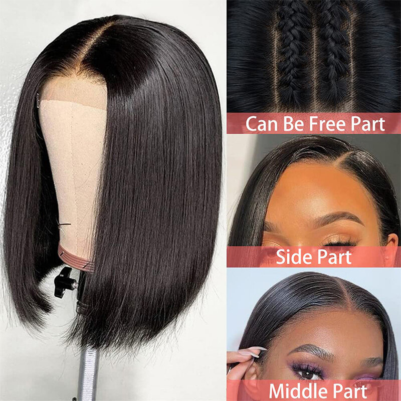 Perucas de cabelo humano dianteiras do laço reto para mulheres negras, pré-arrancadas, cor natural, perucas curtas brasileiras Bob, 13x4, densidade de 180%, 12 polegadas, 14 polegadas