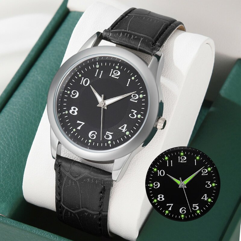 Relógio de quartzo casual masculino com mostrador redondo digital, pulseira de couro, luminoso, simples, fashion, Kol Saati, Erkek