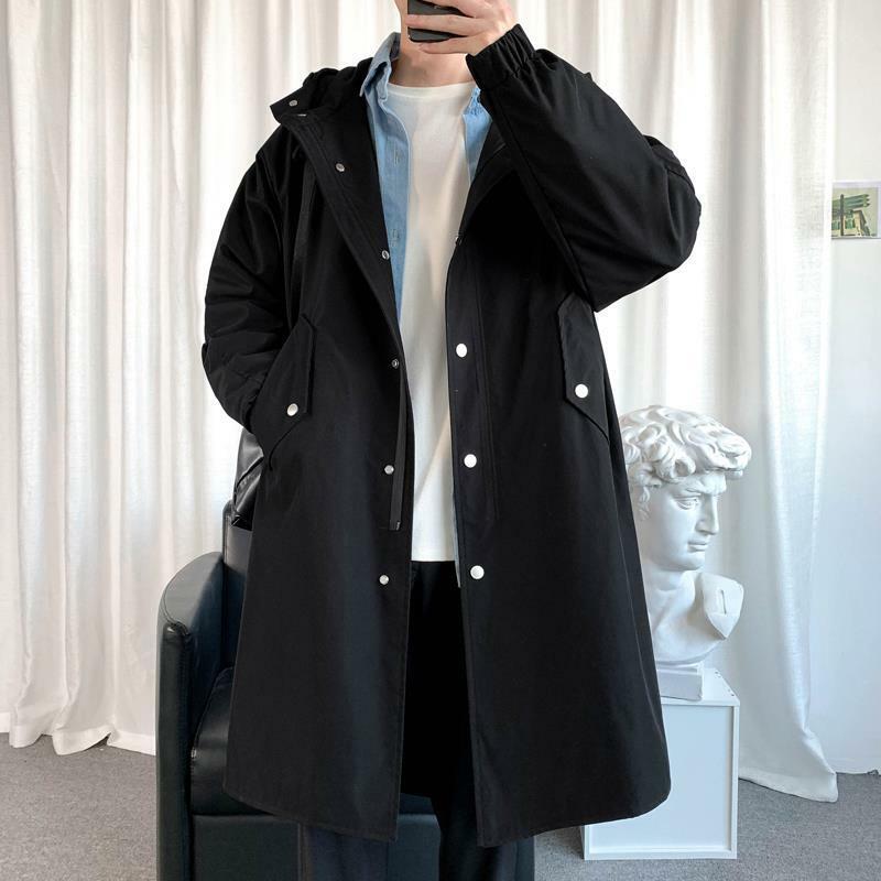 2024 Men's Windbreaker Jacket Long Trench Oversize Loose Streetwear Hooded Vintage Black Coats High Street Casual Male Outerwear