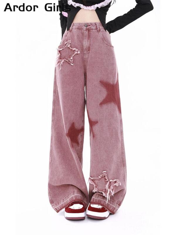 Уличные брюки-карго Y2k, женские свободные джинсы в стиле пэчворк с пятью звездами, женские джинсы в стиле ретро на осень и зиму, женские джинсовые брюки с широкими штанинами, 2023