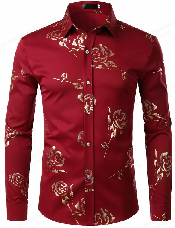 Chemise hawaïenne à manches longues pour hommes, imprimé rose doré, chemise à fleurs de plage luxueuse, mode masculine