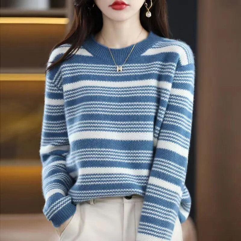 2024 nowy kaszmirowy sweter damski dzianinowe swetry w paski czysta zimowa moda Top z okrągłym dekoltem jesienny ciepły sweter miękki sweter ubrania