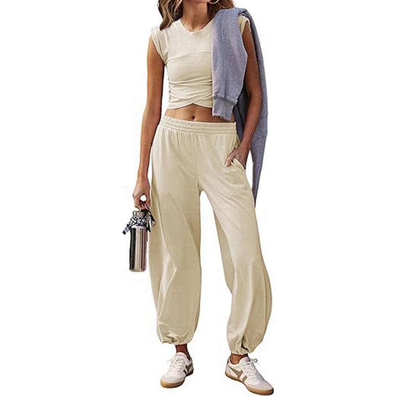 Frauen Trainings anzug Outfits einfarbig ärmellose kurze Oberteile Harems hose 2-teiliges Set elastische Taille Jogging hose Freizeit hose Sets