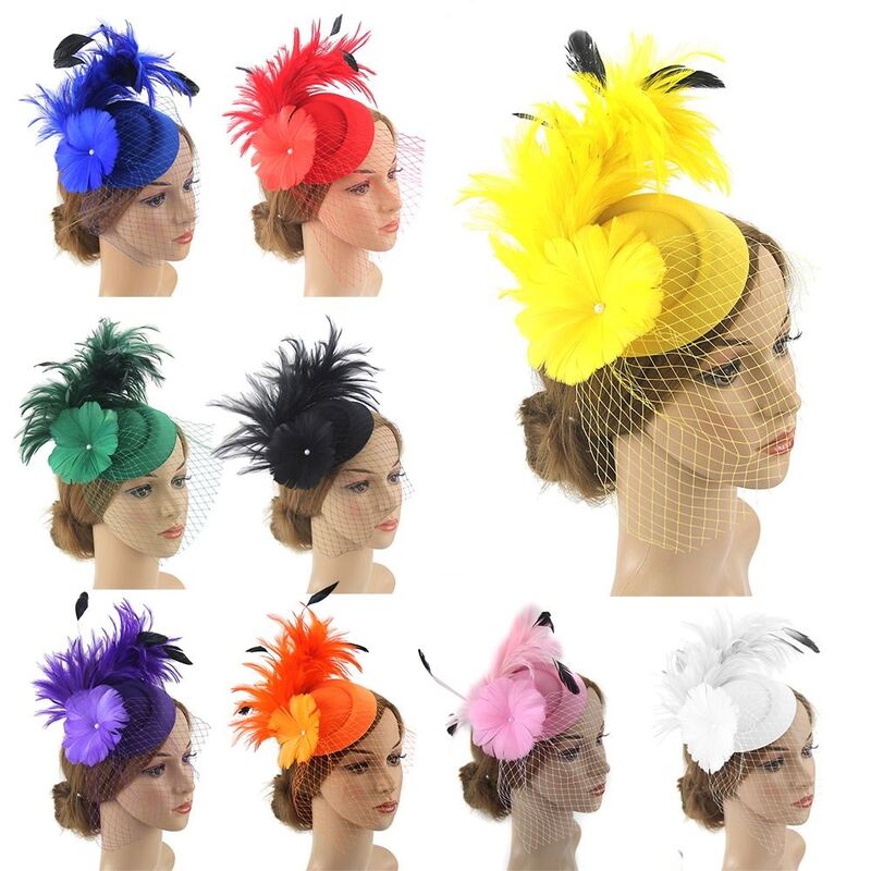 Accesorios para el cabello para mujer, tocado de fiesta de plumas de malla, tocado de flores, sombreros de novia, diadema de boda