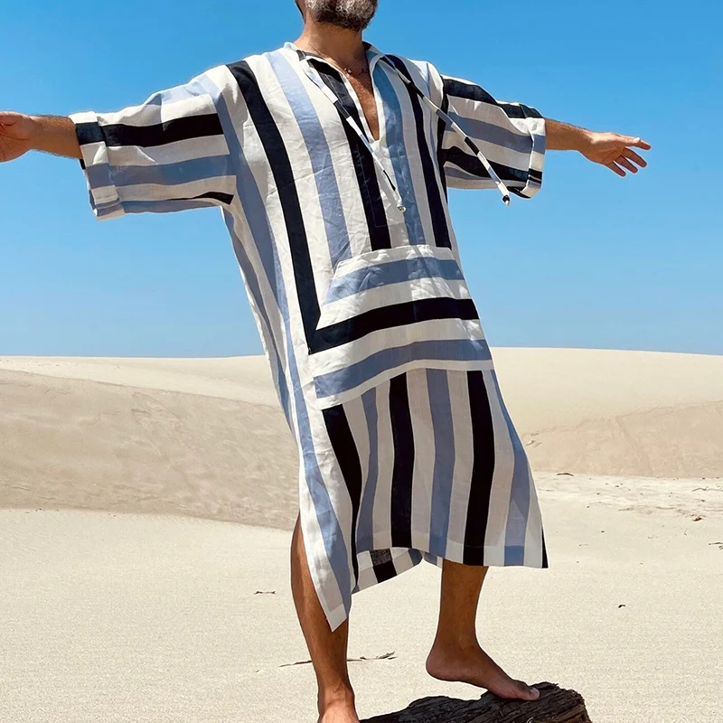 Men Casual Robe Striped V Neck Loose Slit Robe Clothes Vintage Casual Ethnic Style Men's Short Sleeve Shirt Robe