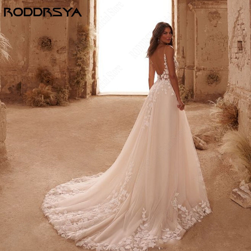 Roddrsya-Vネックの光沢のあるチュールウェディングドレス、スパゲッティストラップ、キラキラ、アップリケバックレス、ボヘミアンレース、ブライダルガウン、プラスサイズ