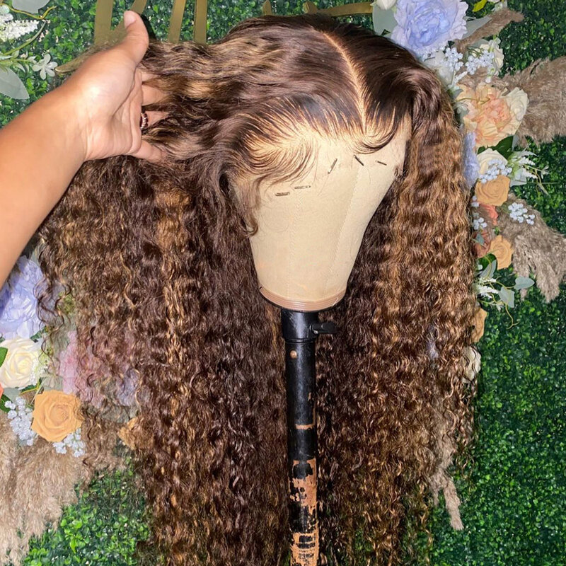 Peluca de cabello humano rizado para mujer, postizo de encaje Frontal de onda profunda de 13x4, 13x6, Hd, color marrón miel, sin pegamento, 30 pulgadas