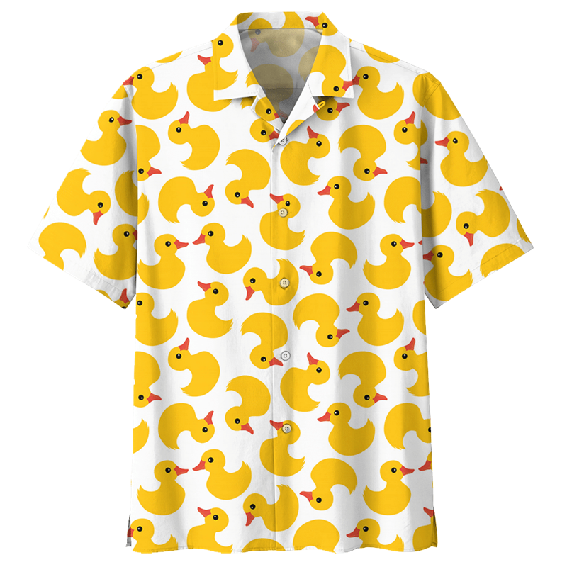 만화 귀여운 오리 그래픽 하와이 셔츠, 3D 동물 프린트 셔츠, 라펠 반팔, 여성 루즈 단추 블라우스, 여름