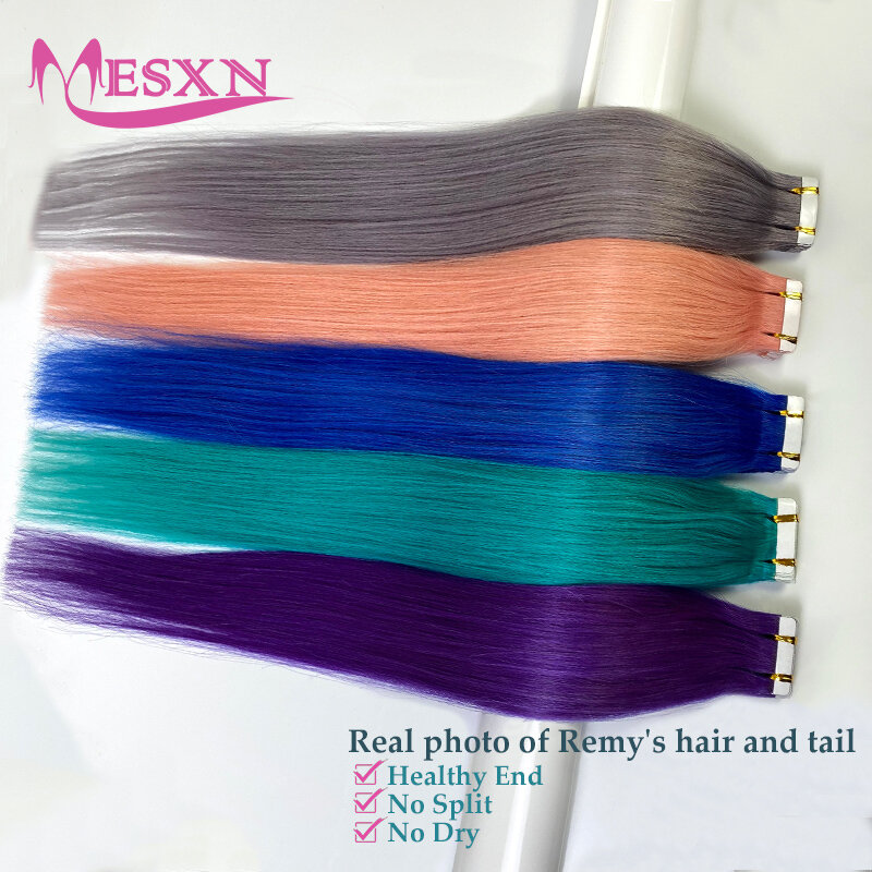 MESXN-Fita Colorida em Extensões de Cabelo Humano, Natural, Sem Costura, Pele Invisível, Dupla Face, Adesivo, Roxo, Azul, Cor Rosa
