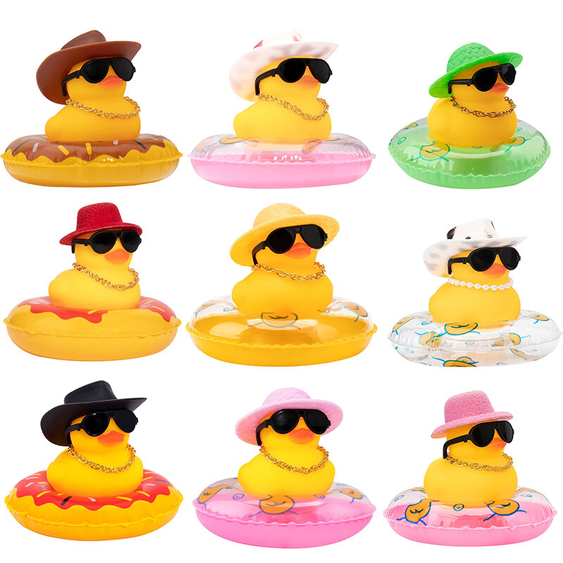 Car Rubber Duck, Yellow Duck Decoration Dashboard with Sun Hat Swim Ring Necklace Sunglasses for Car Dashboard Decorations