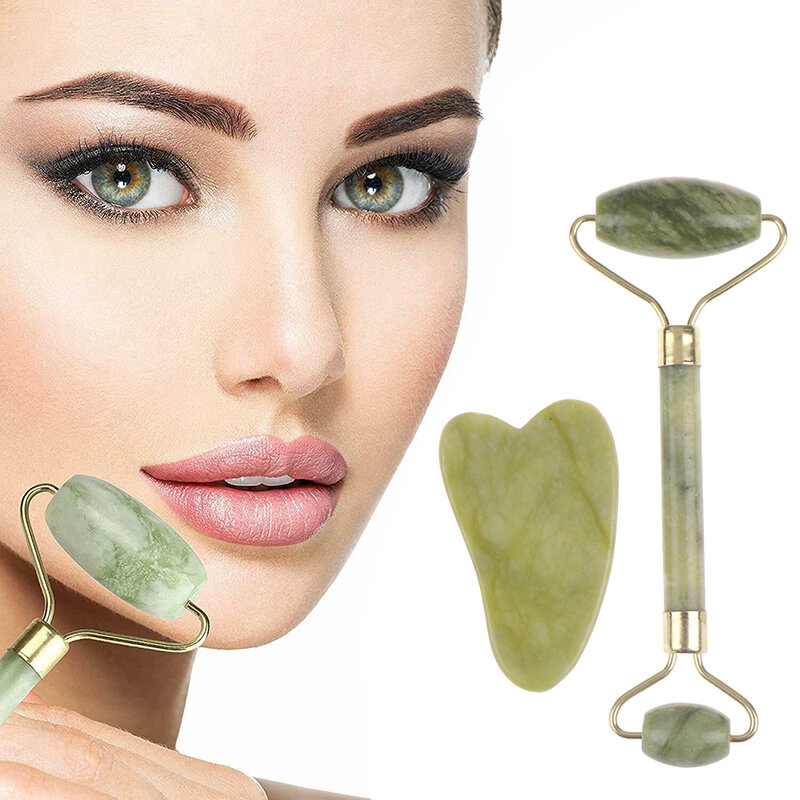 Novo 2 em 1 rolo verde e gua sha ferramentas conjunto por jade natural raspador massageador olho rosto pescoço fino elevador relaxar ferramentas de emagrecimento