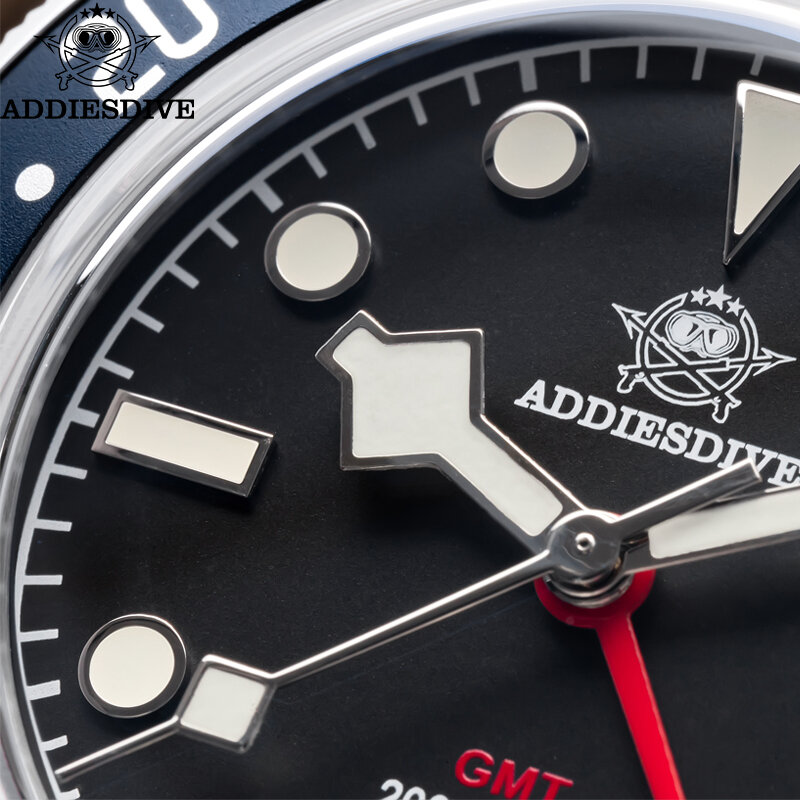Addiesdive นาฬิกาควอตซ์ผู้ชายหรูหรา AD2044ฟอง cermin kaca GMT นาฬิกา relogios masculino BGW9ส่องสว่าง200เมตรนาฬิกาข้อมือดำน้ำ