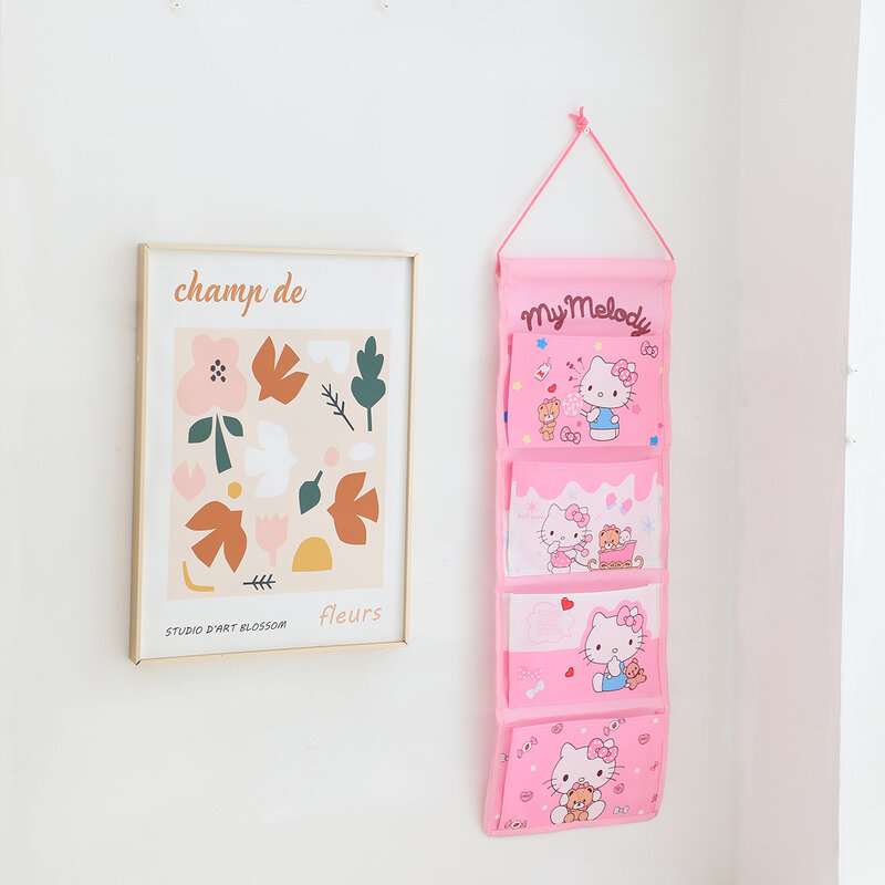 Sanrio-Bolsa de almacenamiento Hello Kitty Kuromi Cinnamoroll para colgar en la pared, embalaje de cuatro rejillas, ropa, juguete, organizador de cosméticos para baño, regalo