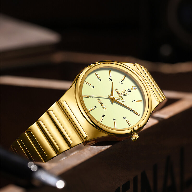 LIEBIG nowy japonia zegarek kwarcowy zegar męski luksusowe złote pełne stalowe zegarki męskie Casual 3Bar wodoodporny Reloj Hombre