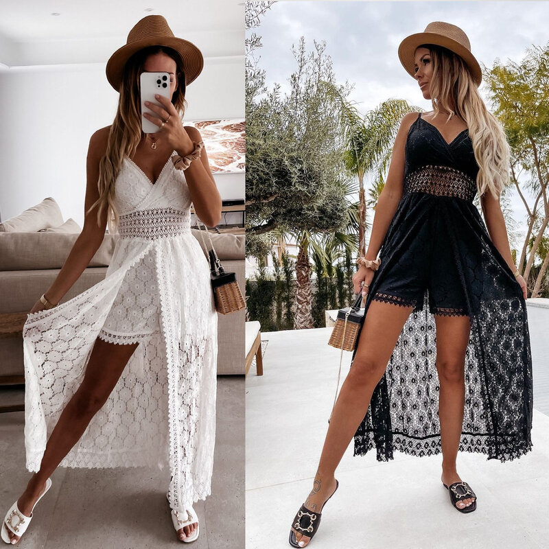 BKLD 2024 Summer New Sexy Spaghetti Strap V-Neck Patchwork Casual Rompers Vacation Outfits For Women Hollow Out Shorts Playsuits