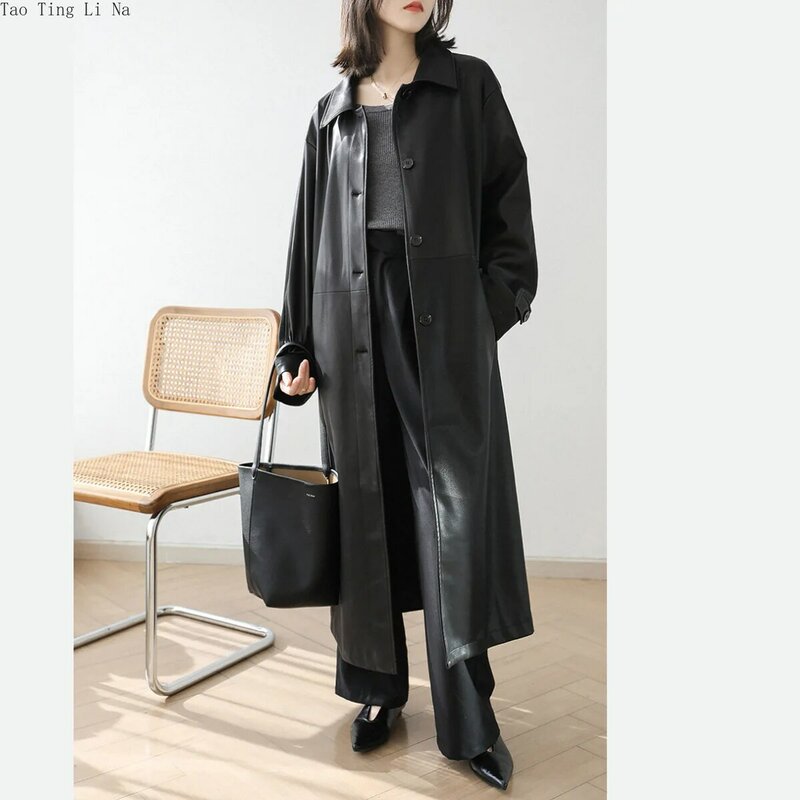 2024 nuovo cappotto in pelle di montone da donna giacca a vento lunga in pelle allentata H1