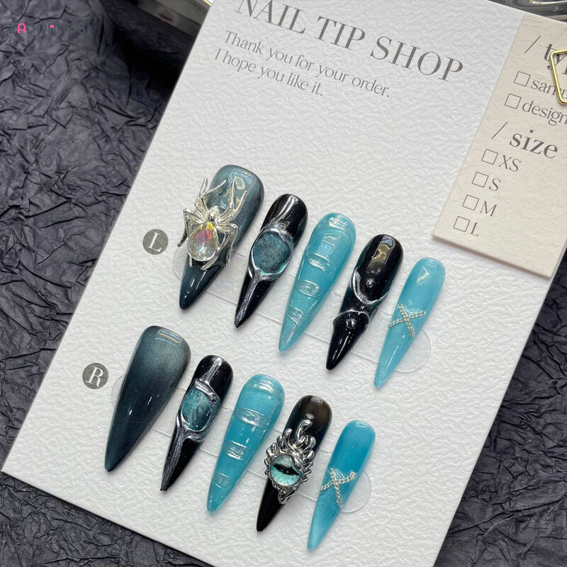 롱 스틸레토 수제 가짜 손톱, 블루 블랙 프레스, 펑크 패션, 합금 스파이더 디자인, 웨어러블 가짜 손톱
