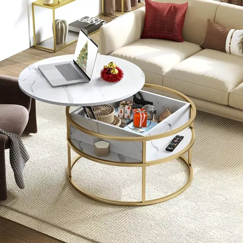 Mesa de centro redonda de mármol para sala de estar, con almacenamiento mesa elevadora, con armarios de almacenamiento, para oficina en casa, redonda, blanca