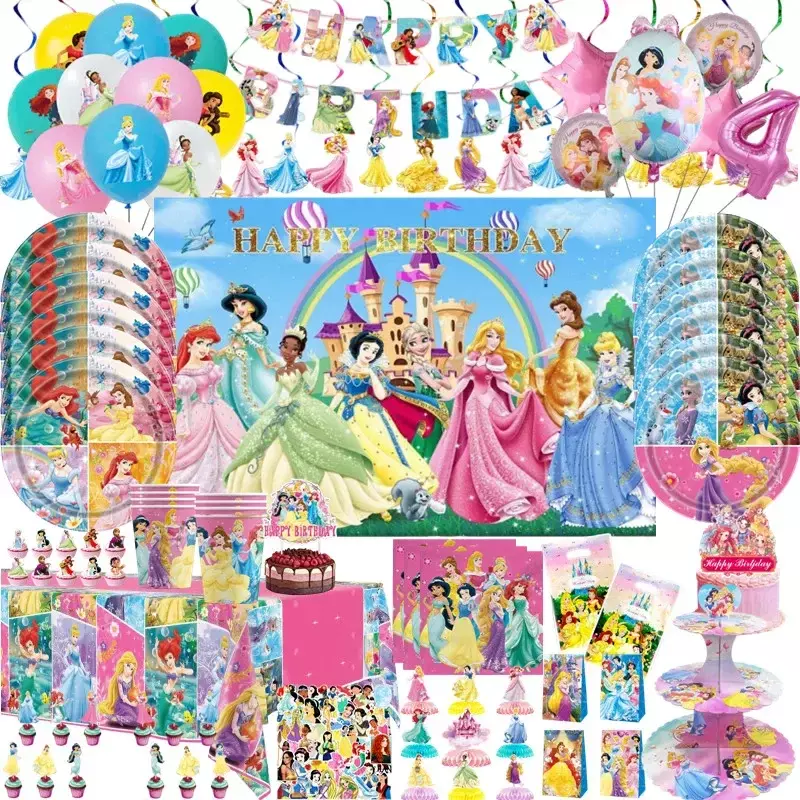 Disney Princess Theme Party Decoration Set, Copo, Prato, Bandeira, Chapéu, Bolsa, Toalha de Mesa, Menina Feliz, Aniversário da Criança