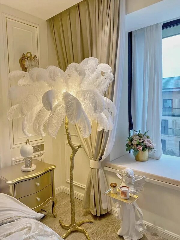 Branch Ostrich Feather Floor Lamp Living Room Bedroom Light Luxury Design Resin Vertical Lamp