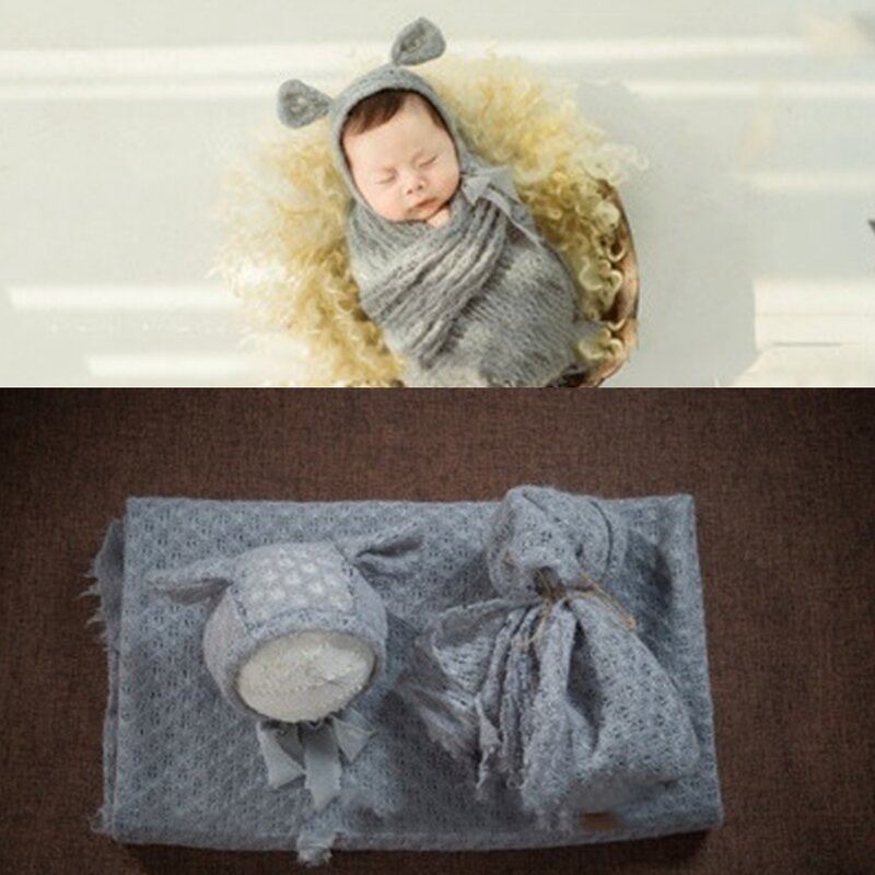 3 pçs fundo newborn fotografia prop envoltório orelha chapéu conjunto camisola cobertor de malha para beanbag pano de fundo do bebê foto posando accessorie